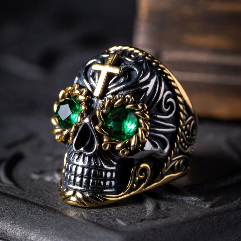 Emerald Cross Sugar Skull Ring